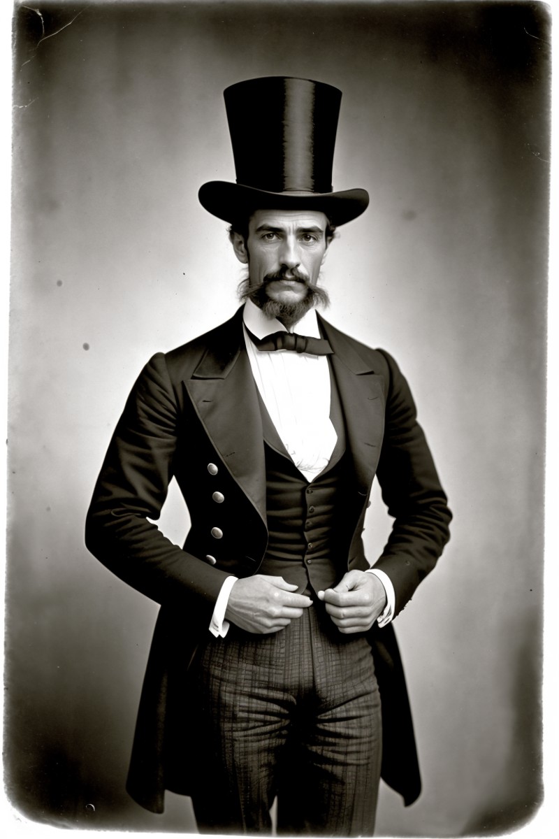 portrait muscular man in hat,  high society  outfit, 1850, (carnival circus sideshow in background:1.1),   barnum